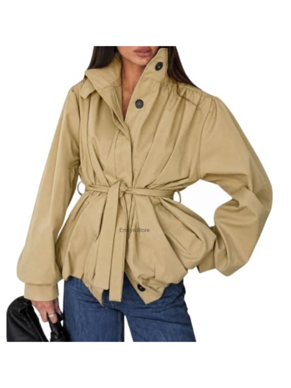 Women's Casual Trench Coat Puff Sleeve Belted Button Down Stand Collar